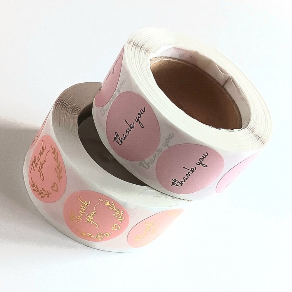 Two Rolls Pink Thank You Stickers 500pc Per Roll